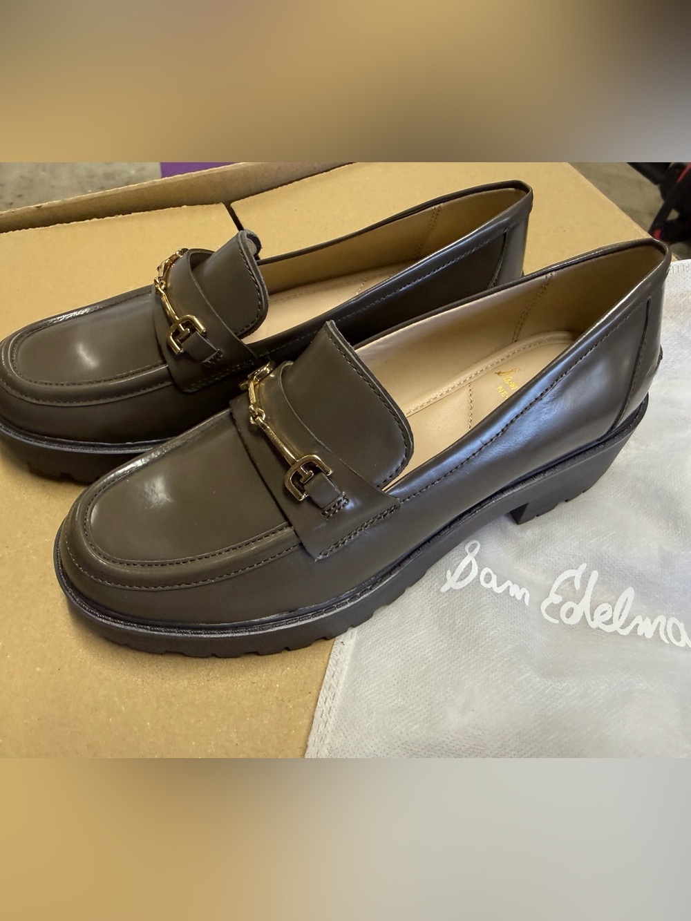 Sam Edelman Dark Brown Leather Gold-Trim Loafers, size 6
